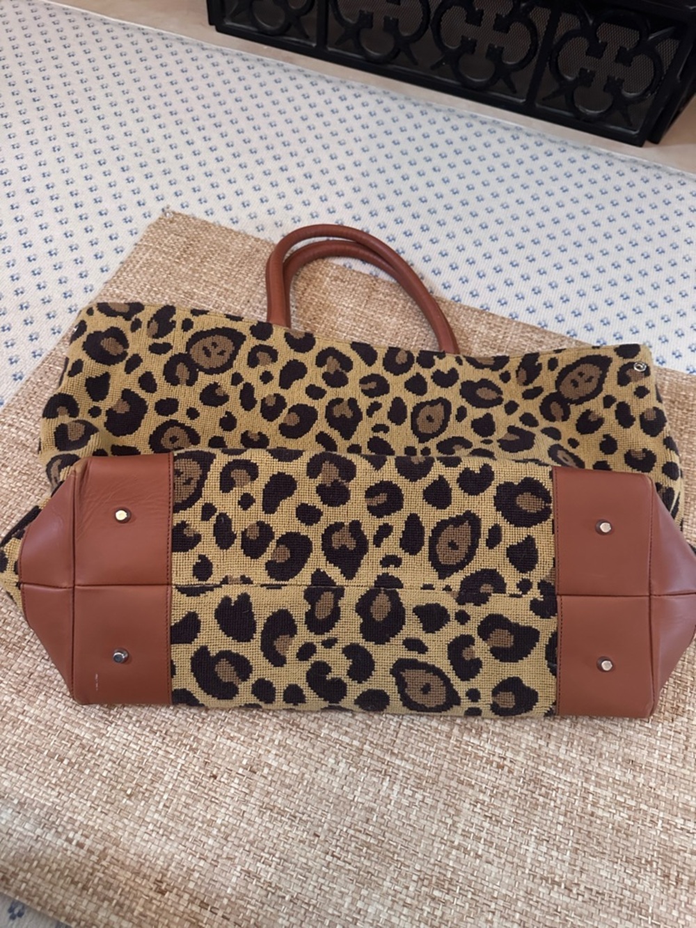 Leopard Print Needlepoint Leather Tote Bag By Stubbs & Woodson Palm Beach - Picture 2 of 8
